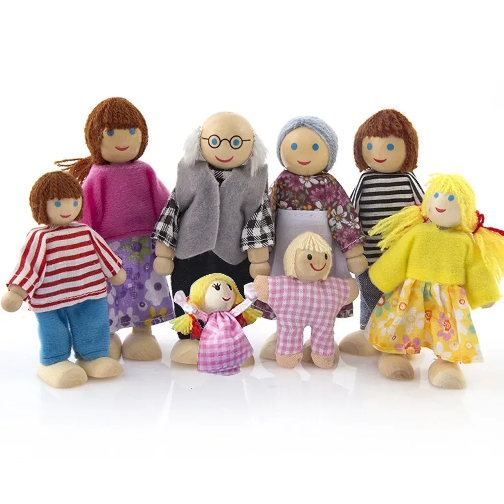 Dollhouse People 8 Family Figures Wooden Dolls Poseable Cute Doll House People Figures Set for Girls Boys Toddler Kids Toy