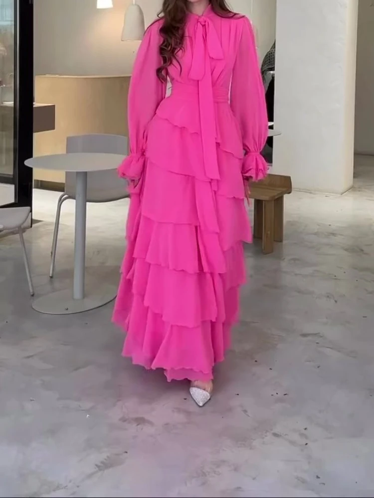 Robes longues en mousseline de soie, mode généreuse, bord de feuille de Lotus, épissage, Style princesse, Design sens, col mi-haut, nouvelle collection été