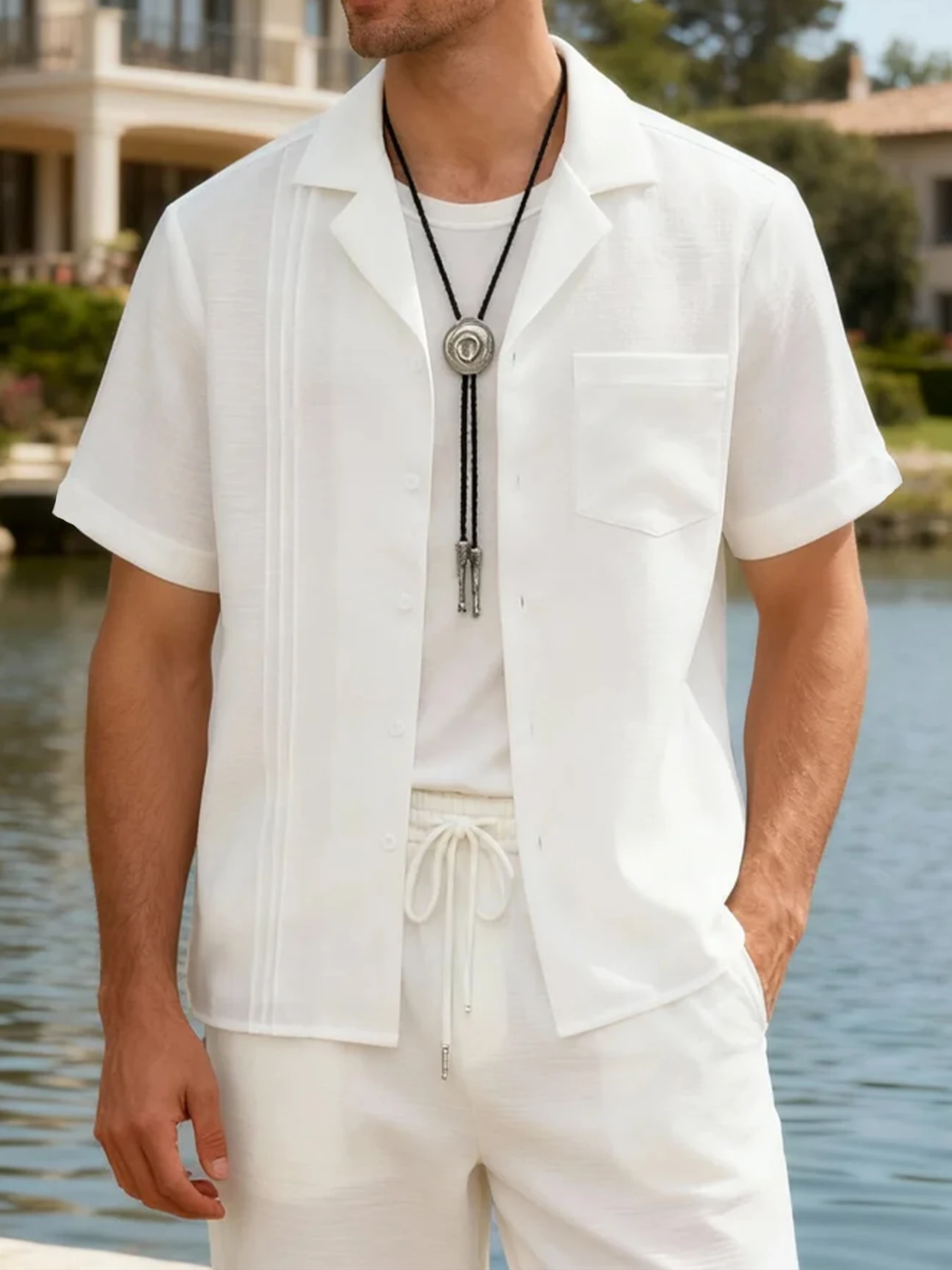 Ensemble chemise blanche à col et pantalon droit pour homme, tenue décontractée d'automne pour homme, ensemble décontracté deux pièces pour homme pour les vacances à la plage