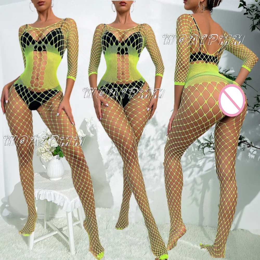 New Hot Fishnet Bodysuit Women Sexy Mesh Full Body Stockings Clothes Female Erotic Hollow See Through Tight Lingerie Costumes