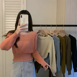 Lucyever Pullover Sweater Women Solid Simple Long Sleeve Loose O-Neck Knit Jumpers Female Autumn Winter Basic Cropped Sweater