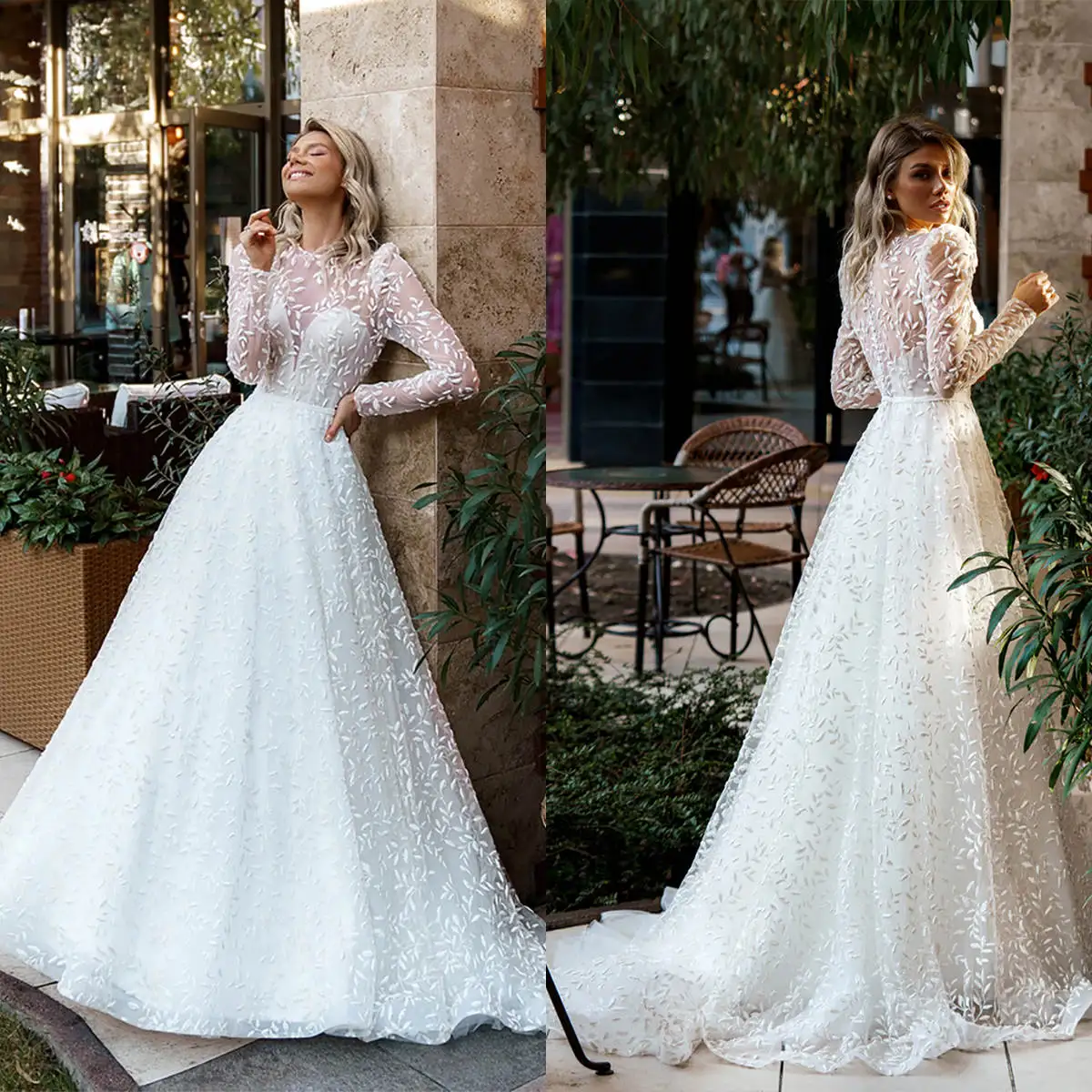 Elegant A-Line Wedding Dresses O-Neck Appliques Long Sleeve Floor Length Bridal Gowns Prom Dresses Vestido de novia Customized