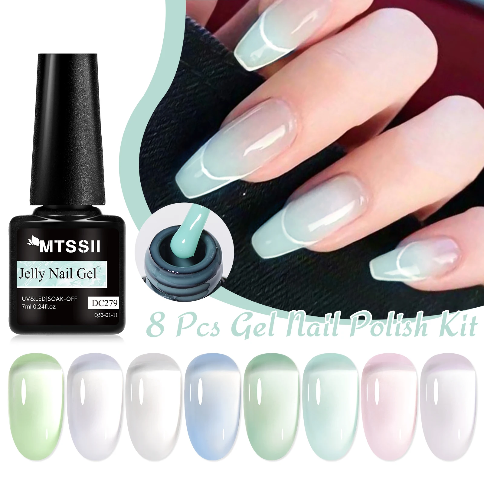 

8PCS Blue Glass Nail Art Jelly Nude Gel Set Nail Polish Summer Color Nail Manicure Semi Permanent Soak off UV Nail Varnish Kit