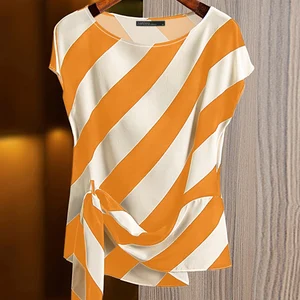 Koreanisch gestreifte gestempelte Zanzea-Top, kurzärmelige Bluse, lose, lässig und einfacher Stiltunika, für Urlaub, Feiertage, Sommer, 2025 Hauptverkaufsblusen - №6