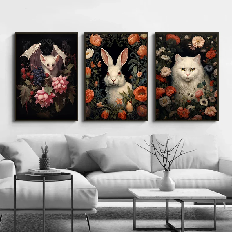 Black Rabbit Deer Fruit Bats Fox Owl Raven Cat Poster Dark Botanical Gothic  Floral Canvas Painting Goth Wall Art  Room Decor