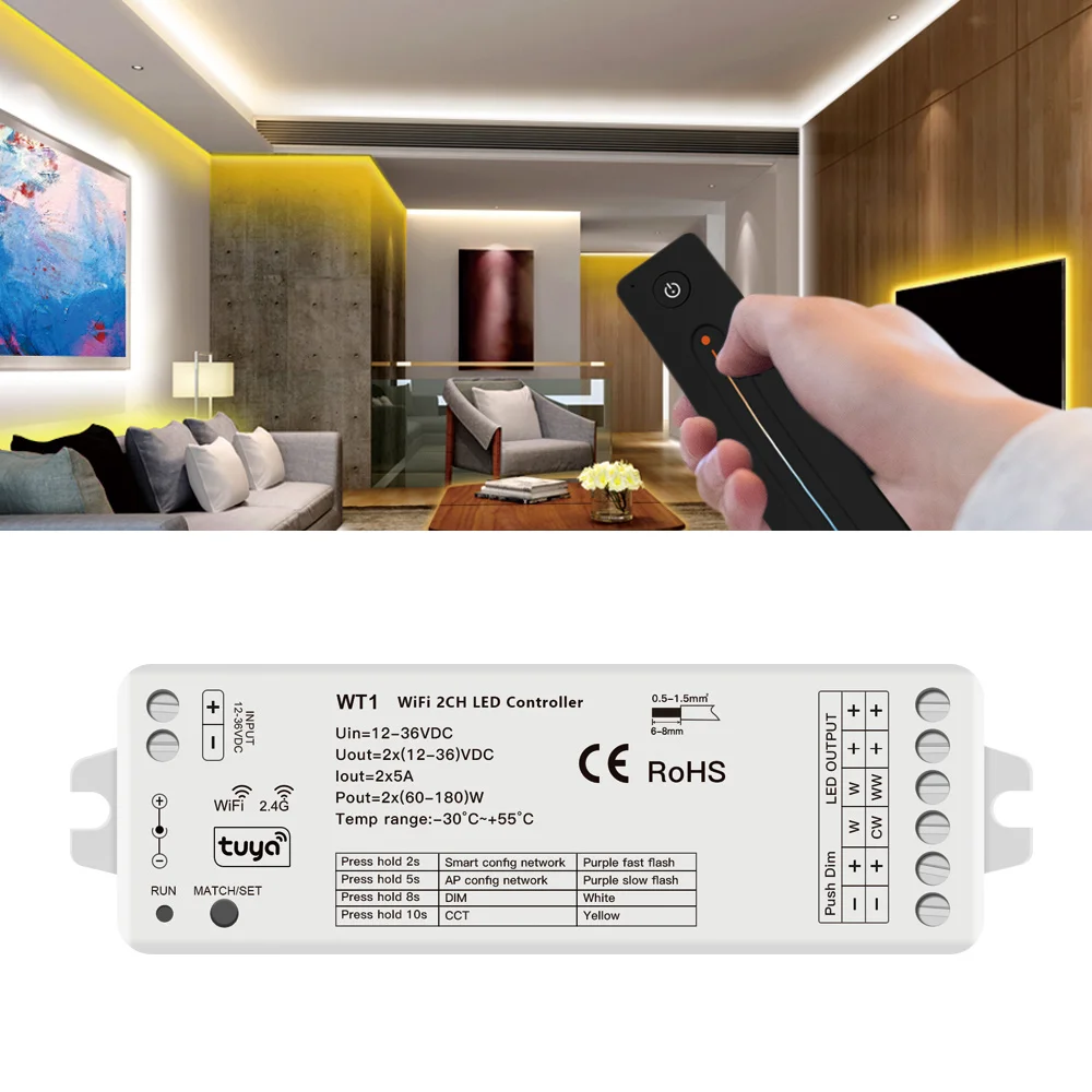 

LED Controller Dimmer for LED Strip WT1 2-in-1 DIM CCT Controller 12~36V 5A Tuya Wifi+RF Smart APP Control for Alexa Google