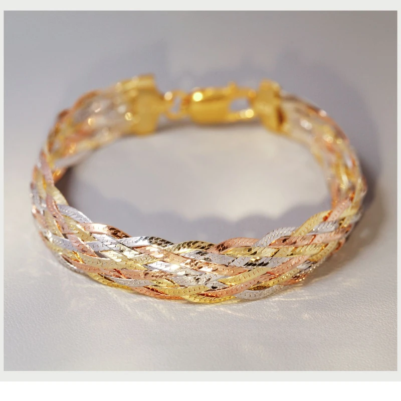 Y カラフルな s925 スターリングシルバー メッキ トリコロール ゴールド ウーブン ブレスレット 女性用、ワイド バージョン、光沢のあるジェンダーレス ジュエリー