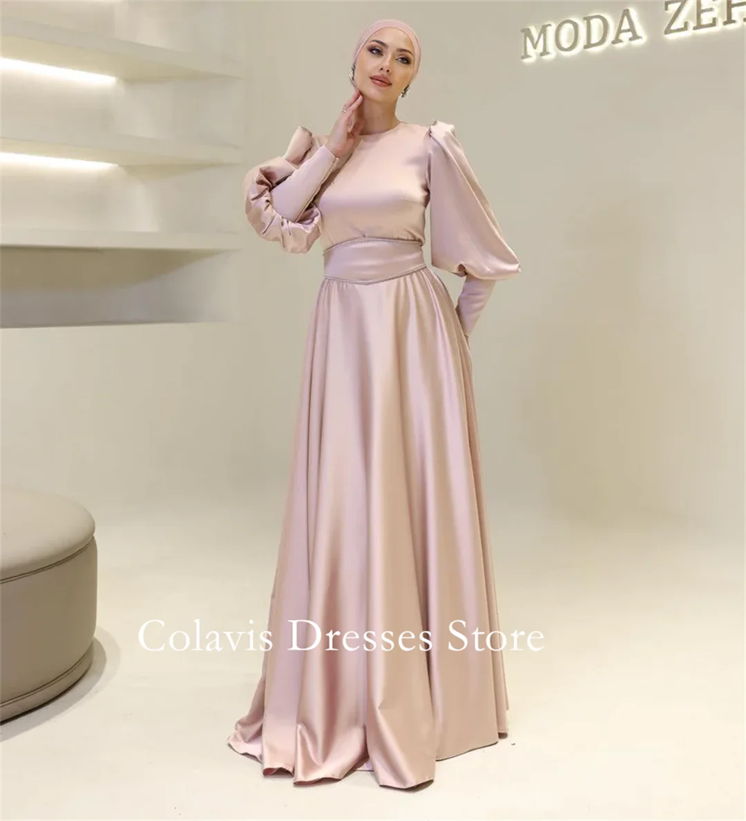 

Fashion Style O-Neck Satin Pink A-Line Puffy Sleeves Modest Evening Dresses Customized Formal Prom Growns Party Women Bride