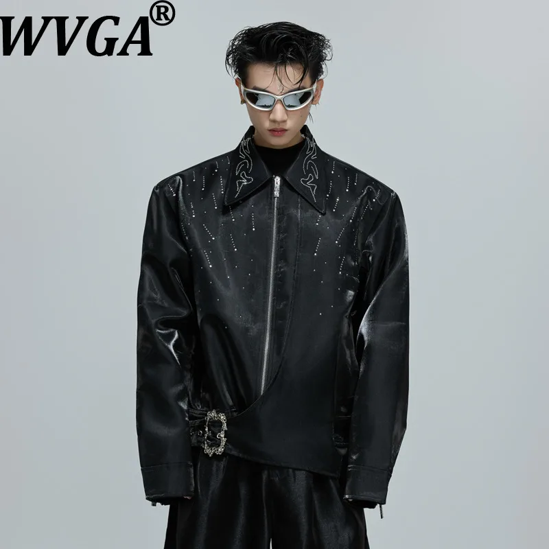 

WVGA, весенне-осенняя новая мужская двухсекционная жидкая глянцевая куртка с длинными рукавами, нишевое шикарное повседневное короткое пальто с бриллиантами, W12753