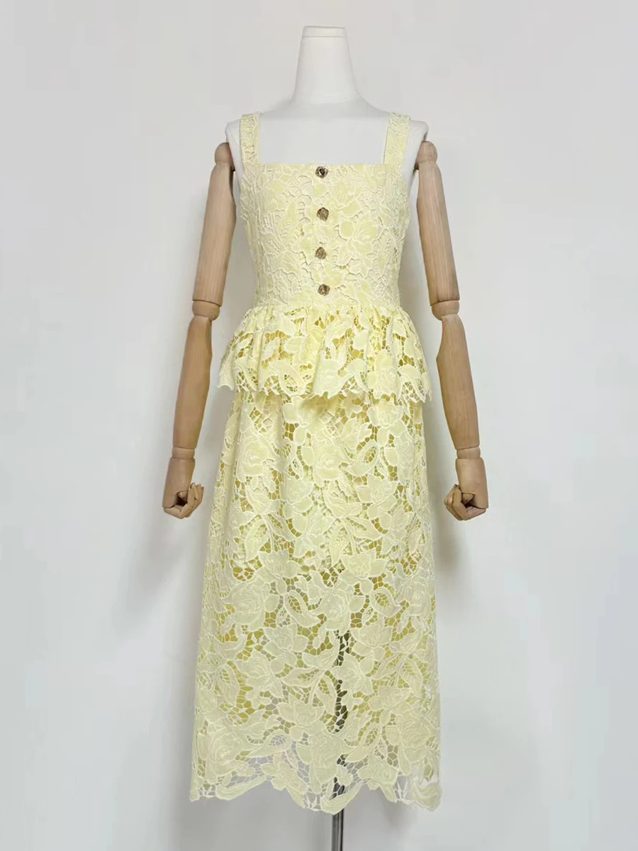 VGH เย็บปักถักร้อย Office Lady Midi ชุดเดรสผู้หญิงสแควร์คอแขนกุดเอวสูง Spliced Ruffles ชุดสายหญิง