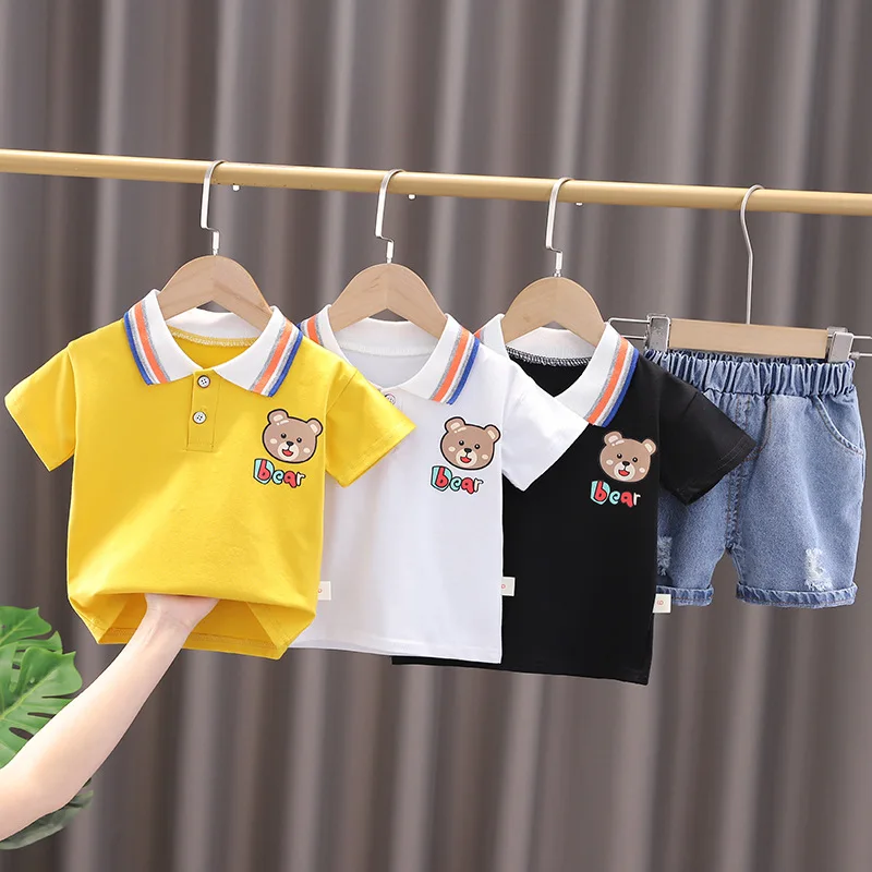 Toddler Summer Outfits for Baby Boy Cartoon Turn-down Collar Short Sleeve T-shirts and Shorts Clothes Kids Bebes Jogging Suits