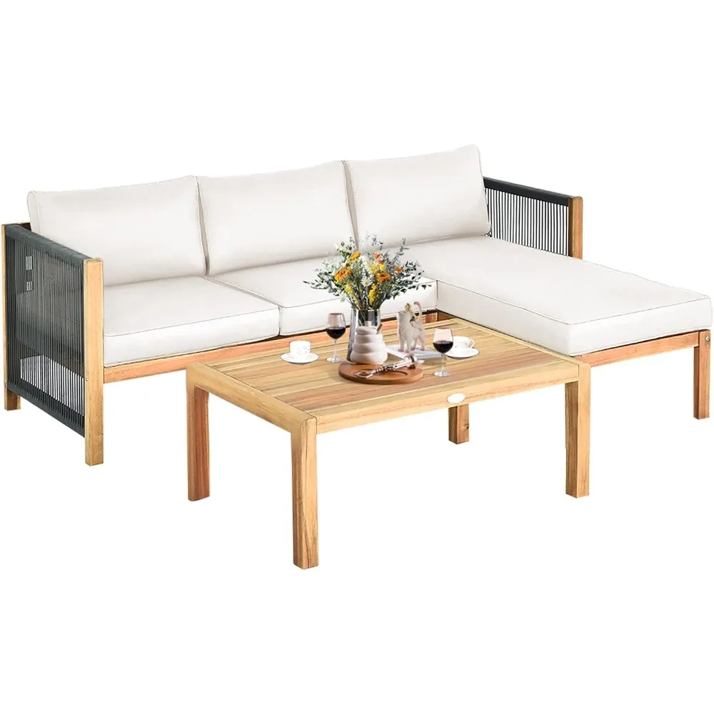 L Shape Outdoor Furniture Set, 3 Piece Acacia Wood Patio Conversation Set, with 2 loveseats and Coffee Table, Garden