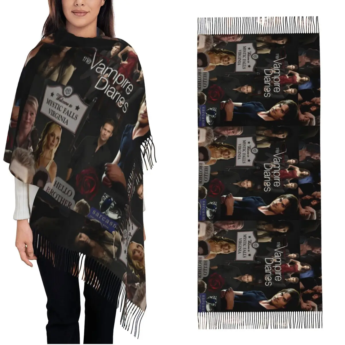 The Vampire Diaries Collage Scarf for Women Fall Winter Pashmina Shawl Wrap TV Series Large Scarves with Tassel for Ladies