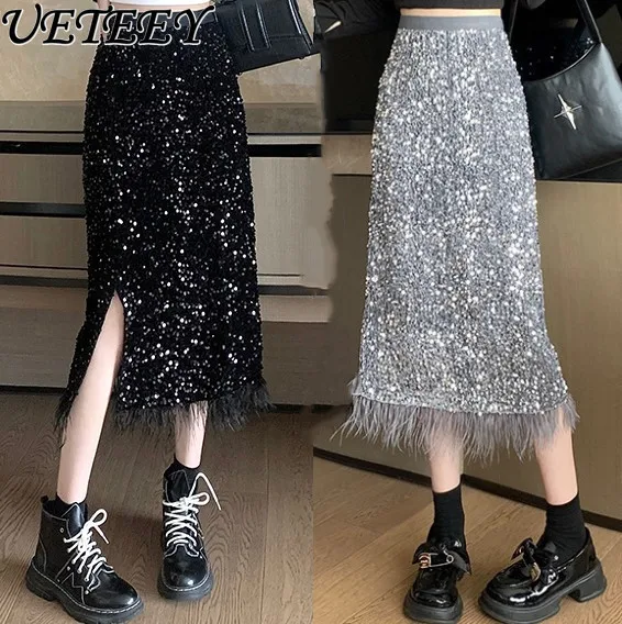 Women's Glitter Sheath Skirt Spring and Autumn New Side Slit Fringed Burr Lady Fashion Skirt Nightclub Mid-Length Skirt