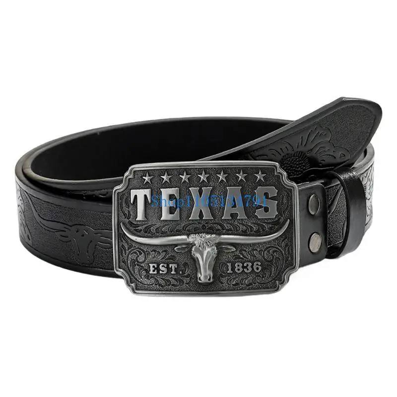98km Punk Head Belt for Men Retro Embossed Western Cowboy Jeans Waist Strap Band