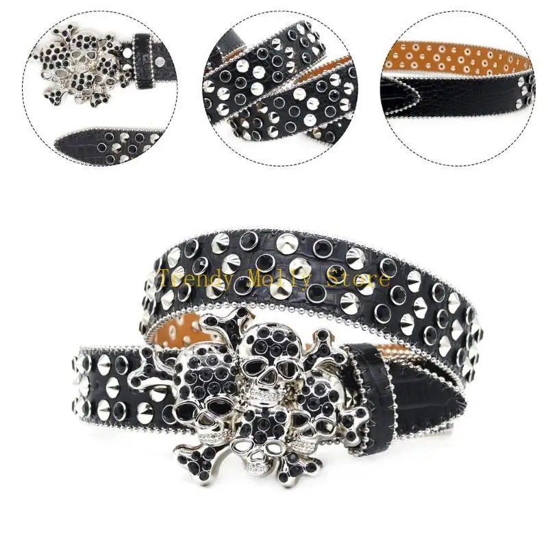 N5KB أحزمة الخصر القوطية للجينز حزام مرصع للفتيات الشرير الشارع مثير للإعجاب مرصع بالجواهر المسامير مرحلة الرقص في الشارع #3