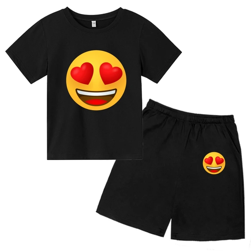 heart eyes Printing Children's T-shirt +Shorts Fashion tee tops Clothing  3-12 Year Boys Girls Round neck funny emoticon Set