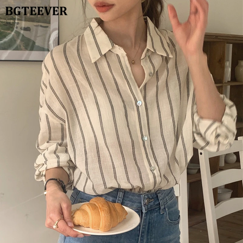 BGTEEVER Casual Loose Turn-down Colla Ladies Striped Shirts Tops Summer Fashion Long Sleeve Female Single-breasted Blouses