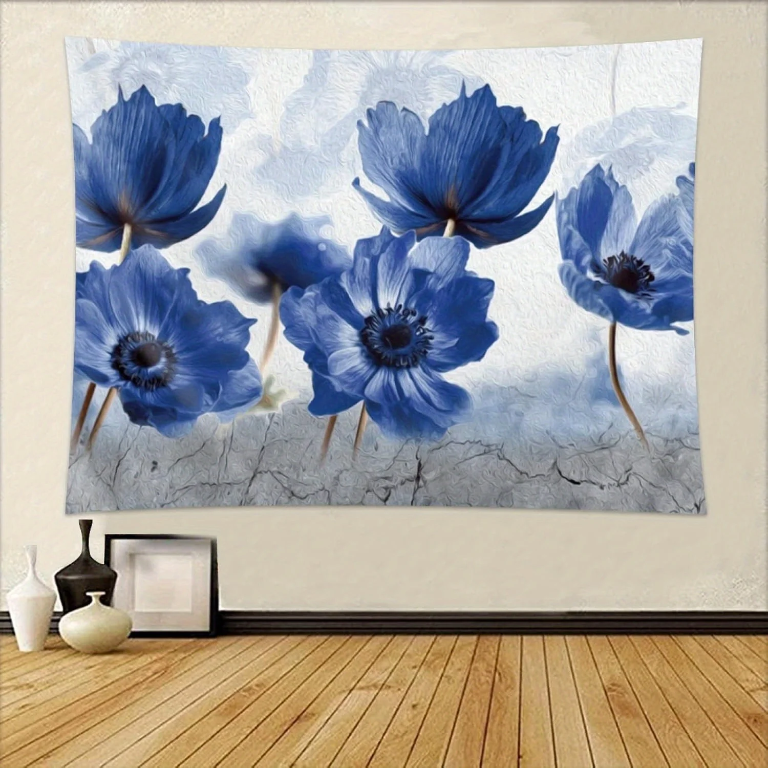 1pc tropical blue floral tapestry, made of polyester, machine washable, suitable for bedroom and living room décor.