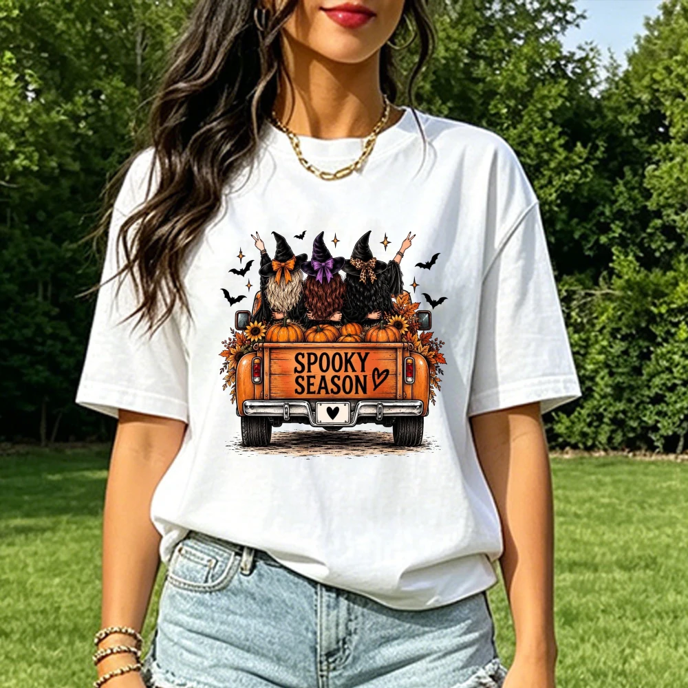 Spooky Season Witch Cats Pumpkin Truck Halloween Graphic Unisex Cotton T Shirt Autumn Fall Vintage Funny Halloween Tee Top