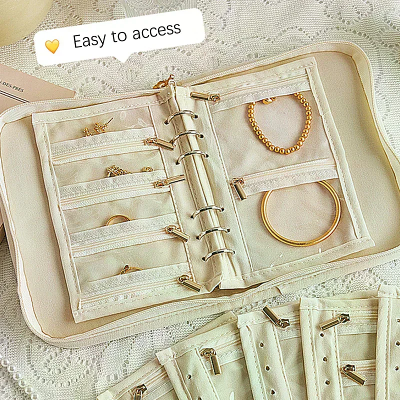 

Jewelry Storage Book With Loose-leaf Transparent Zipper Bag Necklace Ring Binder Storage Book Luxury Suede Rose Pattern Pockets