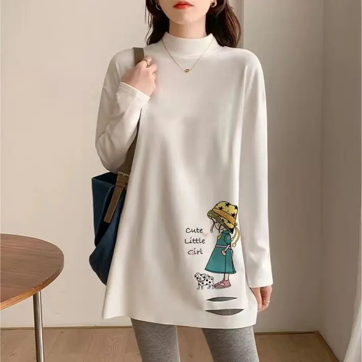 Fashion O-Neck Solid Color Printed Hole T-Shirt Female Clothing 2023 Autumn New Oversized Loose All-match Tops Casual T-Shirt