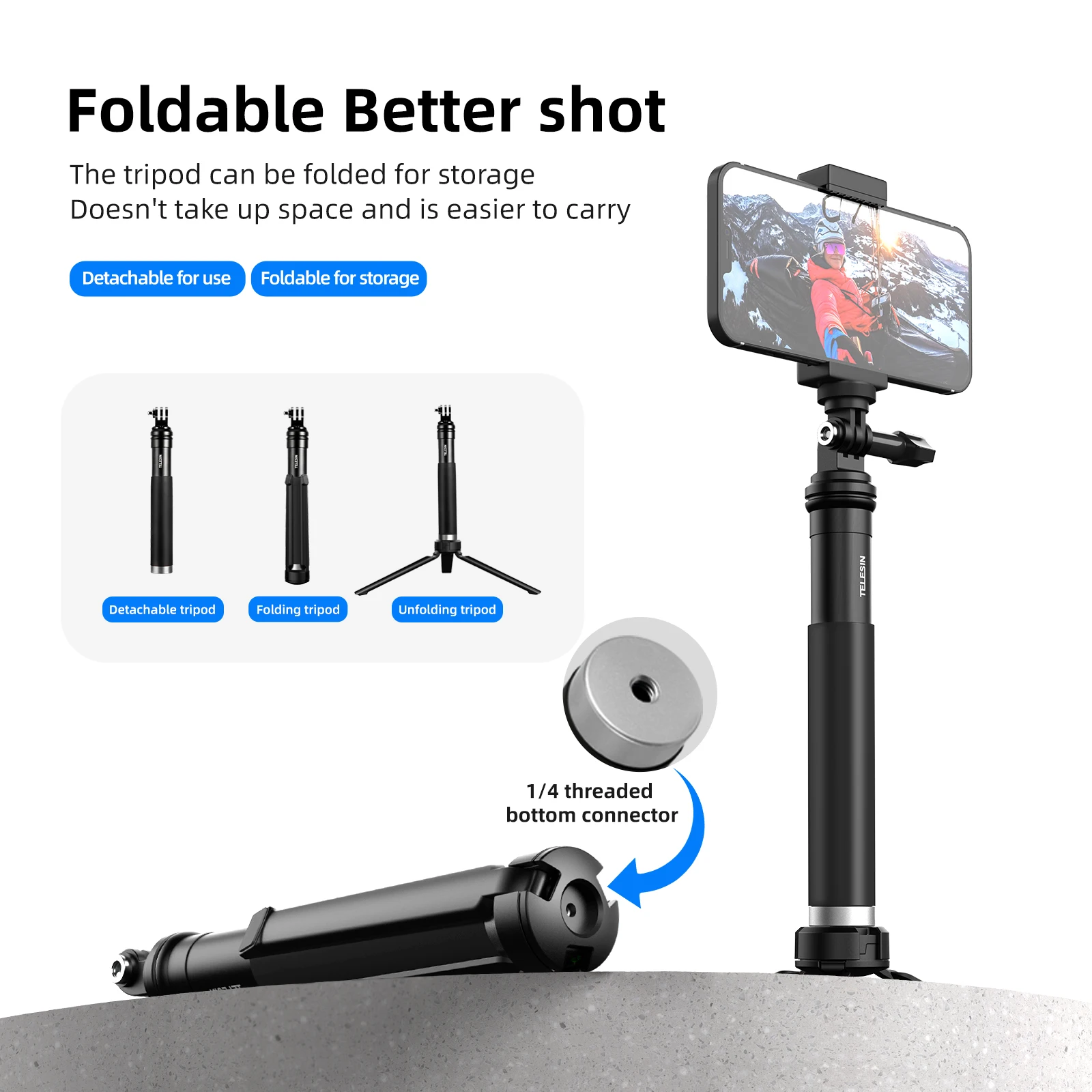 TELESIN 0.9M Aluminum Alloy Selfie Stick Monopod Tripod for GoPro Hero 12 11 10 9 8 7 6 Insta360 DJI OSMO Action for Smart Phone