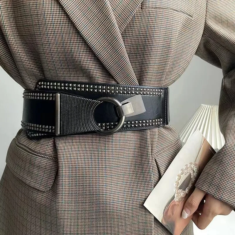 Waist Cover Women's Summer Outdressing Decorative Suit Dress Retro Rivet Versatile Fashion Belt Black Wide Waist Decoration Belt