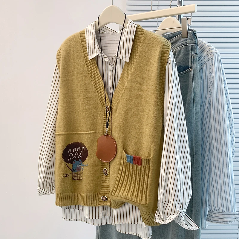 

Women's Knitted ort V-Ne Open Cardigan Loose Fit Versatile Layering Sweater Vest Autumn 2025 New Sle Faion Ladies' Vest