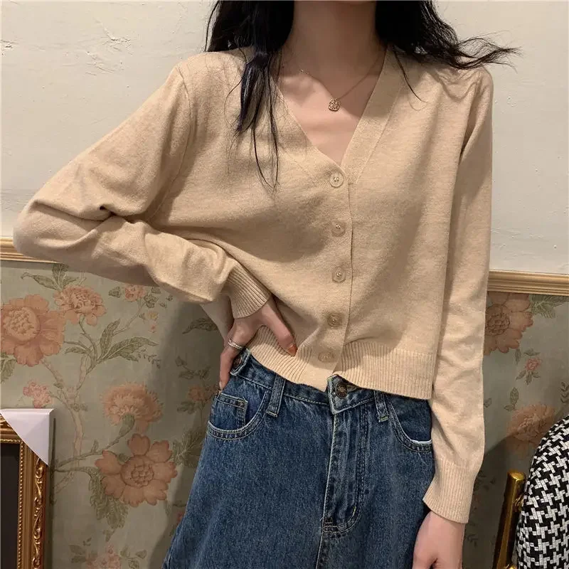 

2023 Spring New Knitting Cropped Cardigan Women Korean V-neck Ruched Vintage Loose Long Sleeve Thin Cardigan Crop Top