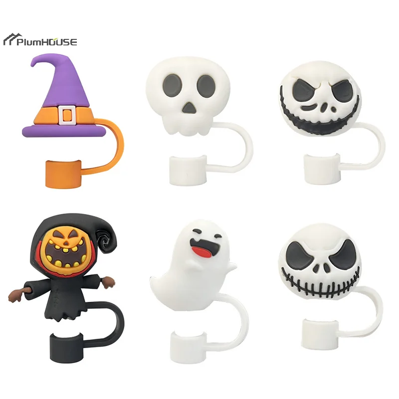 Creative Skull Ghost Straw Cap Cartoon Halloween Trick-Or-Treating Series Silicone Safety Soft Dust-proof Straw Cap Party Gift