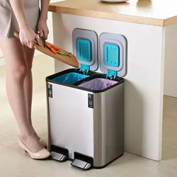 Trash Can 9L+9L Lid Double Kitchen Large Trash Bin Bathroom Bedroom Toilet Stainless Steel Litter Bins Garbage Cube with Pedal