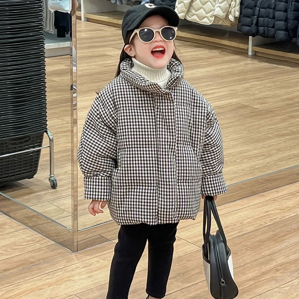 

Children Coat 2023 Winter New Korean Girls Plaid Cotton Coat Thickened and Warm Fashionable Down Cotton Coat Girls Winter Coat