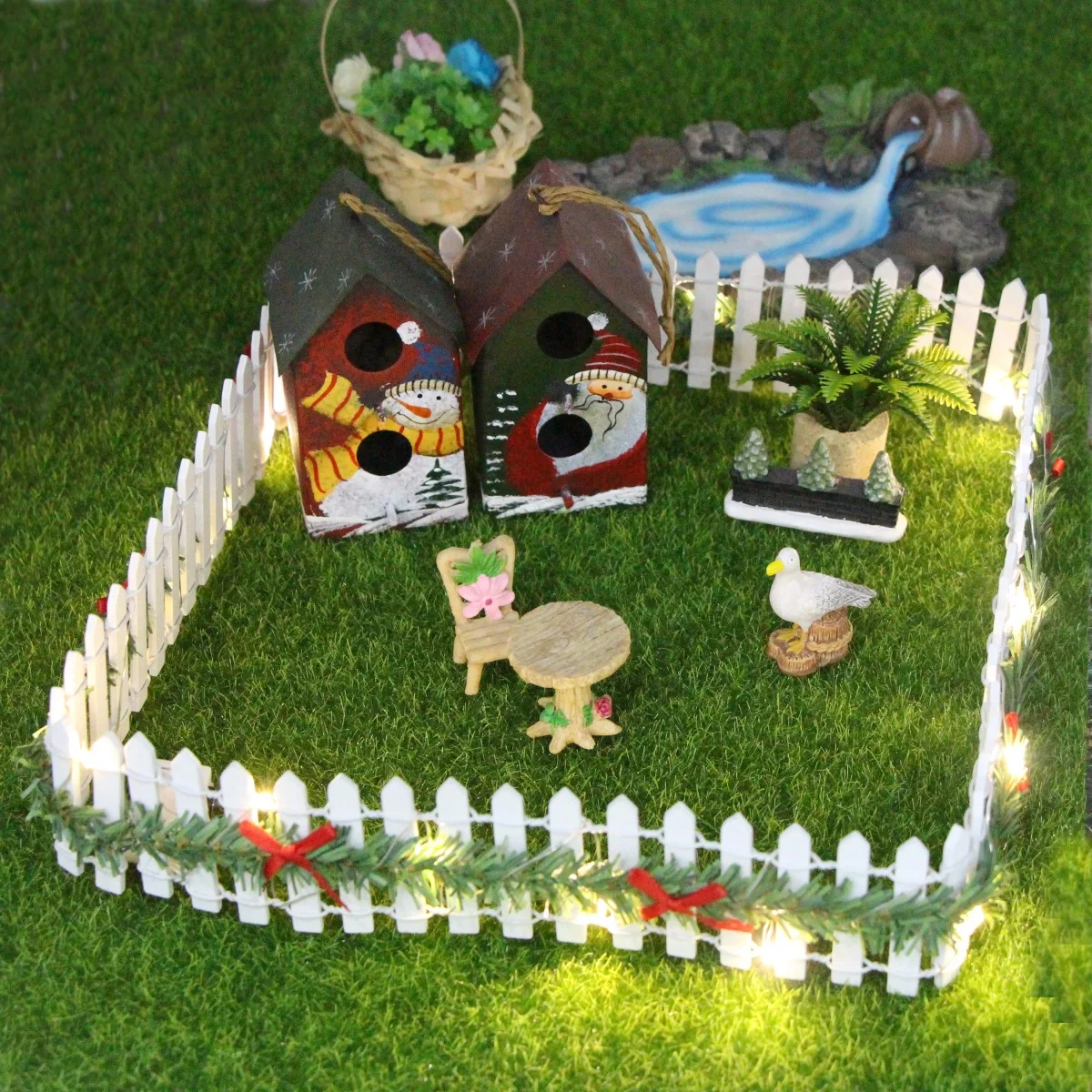 Hot Sale! Zakka Mini Landscape Christmas Elf Garden Fence, Handmade LED Light Wooden Wicker Barrier