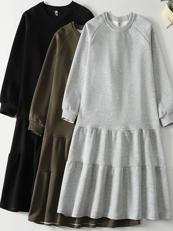 

Korean Japanese Brand Large Size round Ne Long Sve Fitail Sweatirt Dr over Knee Slimming Skirt A-Line Dr