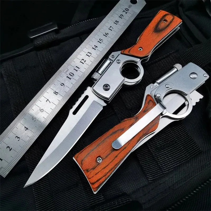 

AK47 Shaped Pocket Tactical Folding Knives Wood Handle Stainless Steel Camping Outdoor Survival Knife EDC Tool With LED Light