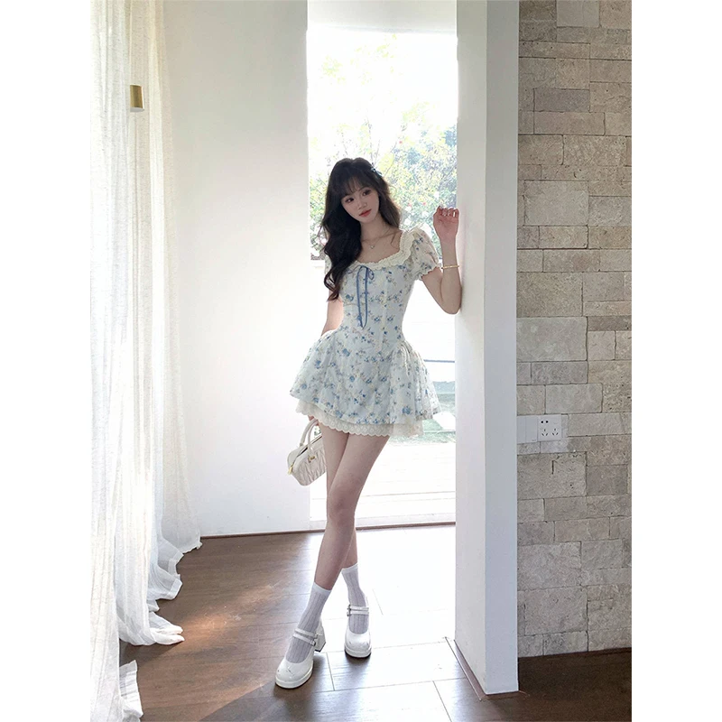 Kawaii Floral Mini Kleid Frauen Mode Party Spitze Rüschen Patchwork Kleider Sommer Y2K Koreanische Puff Kurzarm Bodycon Vestidos