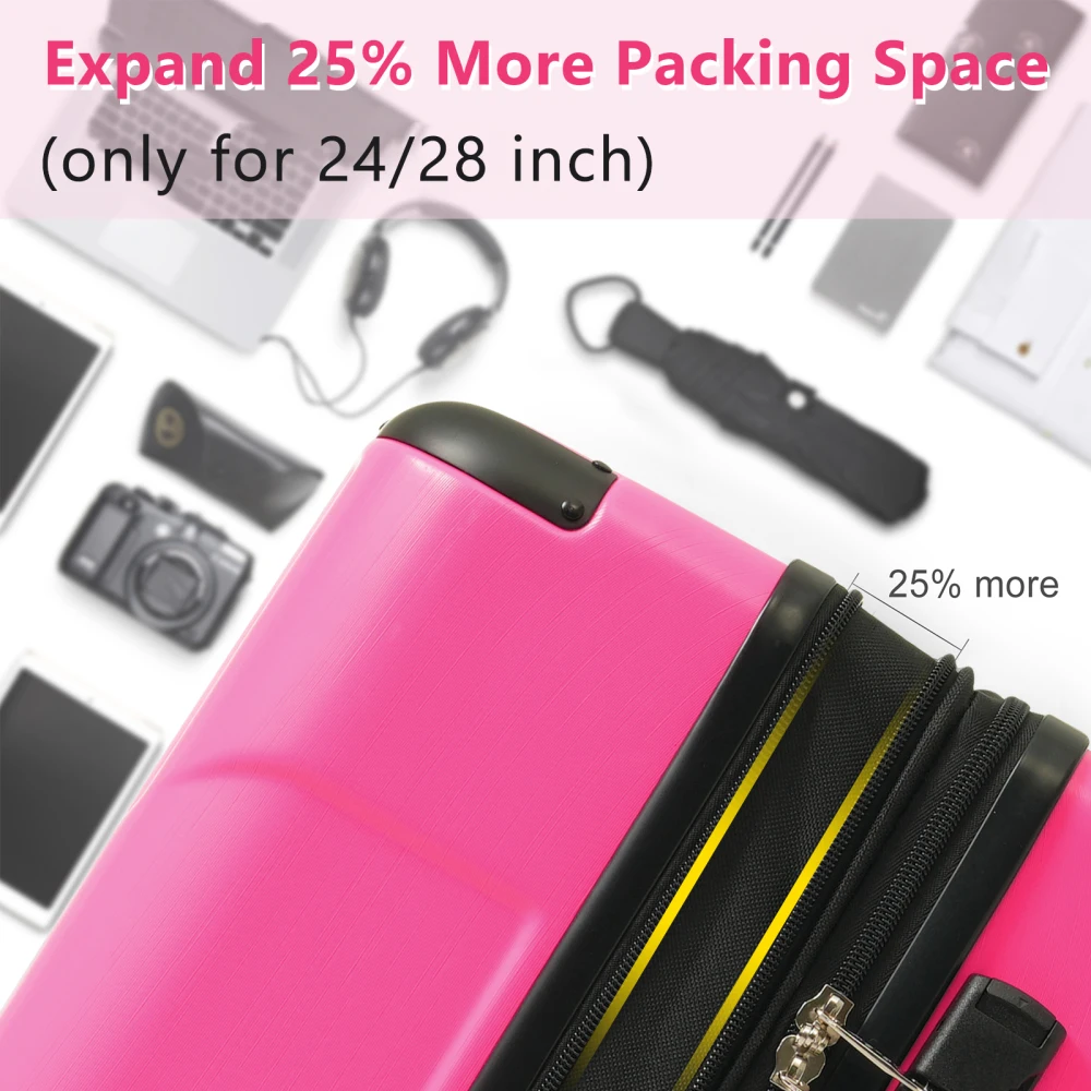 Set di valigie Valigie in ABS espandibili con guscio rigido da 3 pezzi con set di valigie da viaggio a doppia spinner Lucchetto TSA (20/24/28 pollici Rosa rossa)