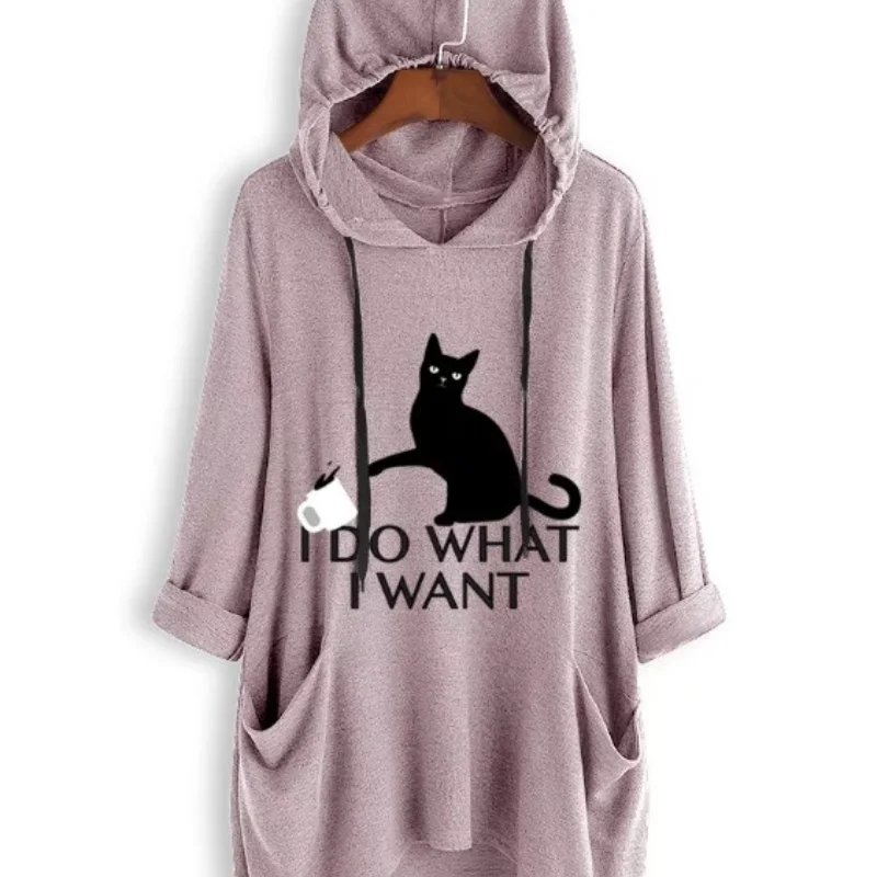 2024 New Loose Large Knitted Hoodie Long Sleeved Hooded Irregular Cat Print Women\'s Wear