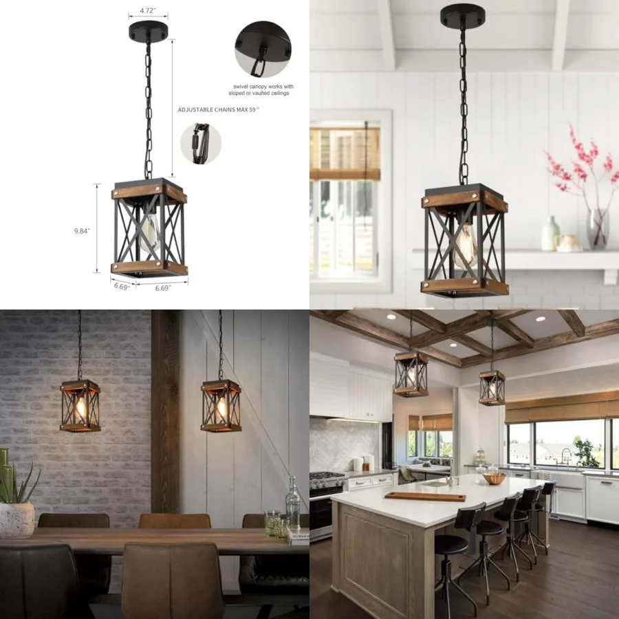 Rustic Farmhouse Wood Pendant Light Fixture One-Light Adjustable Chain Oak Wood and Metal Lantern Cage Small Pendant Lighting f