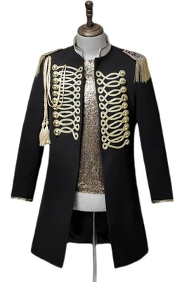 mens vintage black tassels beading long jacket/stars/stage performance/studio/dance/club