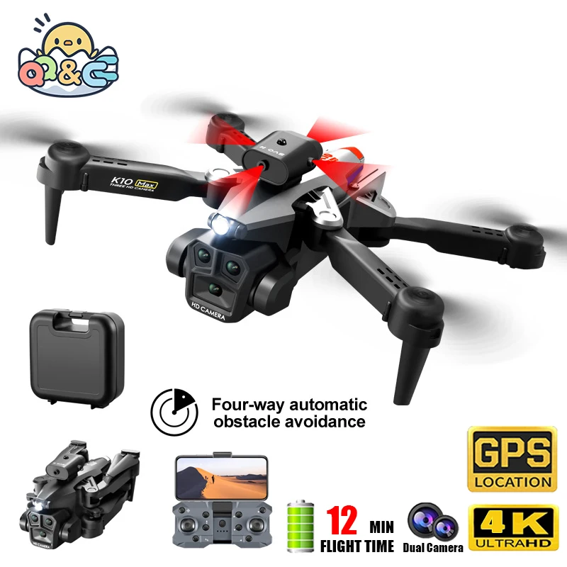 

K10Max Mini Quadcopter HD 4K FPV Professinal 3 Camera Wide Angle Optical Flow Four-way Obstacle Avoidance RC Foldable Helicopter