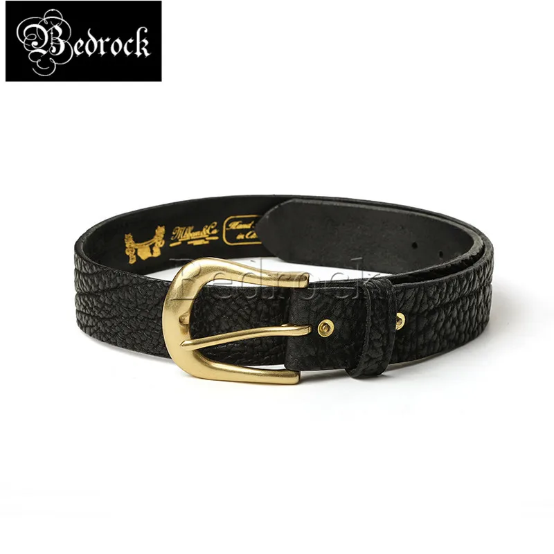 MBBCAR Unisex Vegetable Tanned Top Grain Cowhide Leather Belt 3.7cm Hand Distressed Bison Grain Brass Buckle Handmade Belt