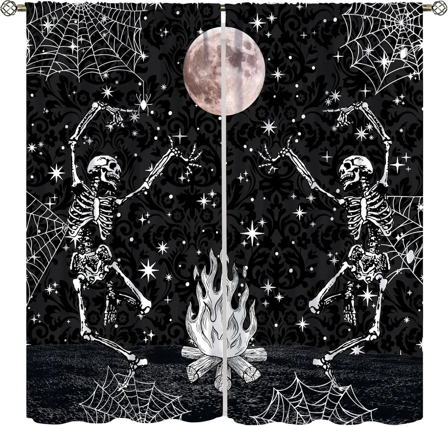 Skeleton Moon Curtains Black Damask Pattern Starry Sky Bonfire Mysterious Dance Retro Abstract Art Rod Pocket Window Treatments