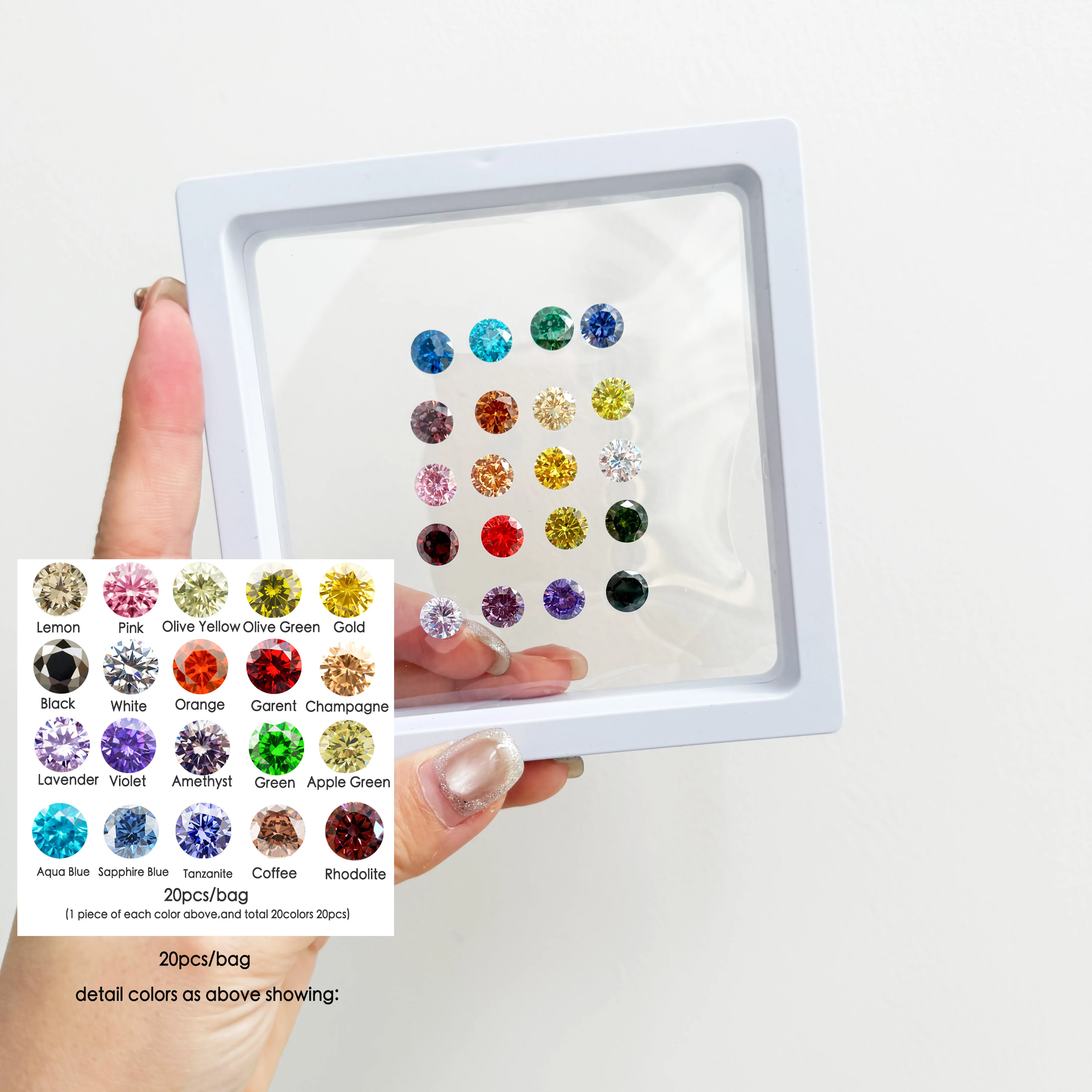 

5A Total 20pcs 1PCS Per Colors Cubic Zirconia Various Color Loose CZ Stone Round Brilliant Cut Synthetic Gems For Jewelry