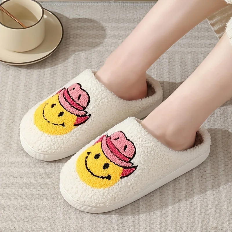 Women's Kawaii Hat Smile Face Pattern Slippers Cute Slip On Plush Lined Slippers Comfortable Indoor Shoes