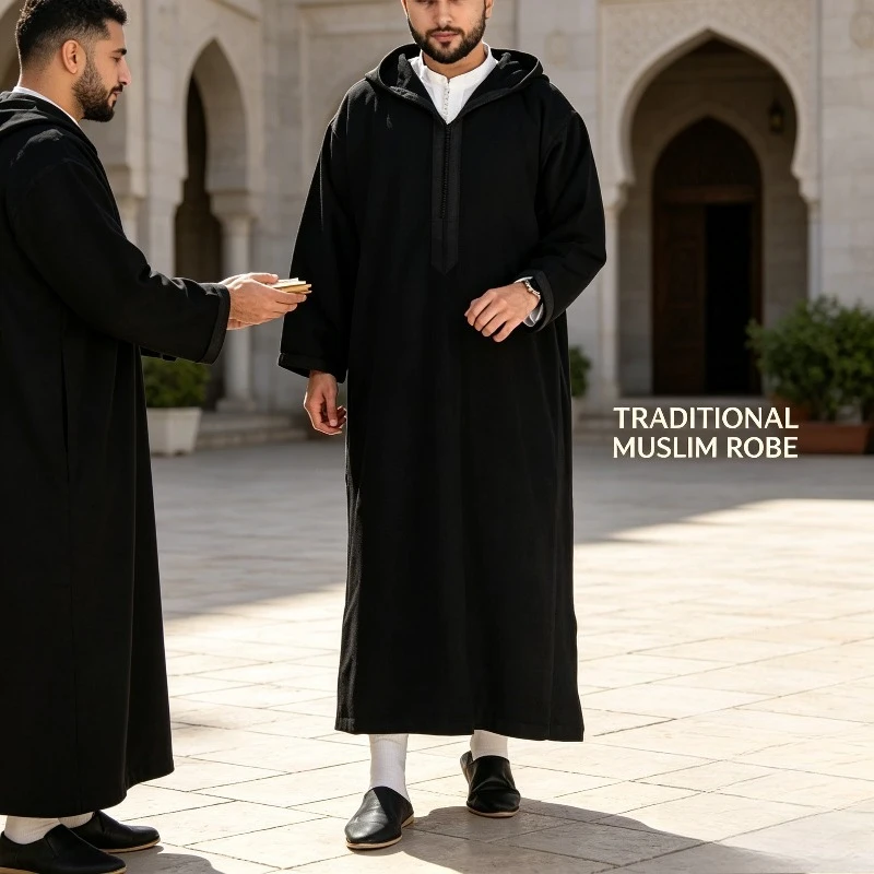 

2026 Mens Muslim Hooded Robe Islamic Arab Clothing Long Sleeve Loose Fit Drawstring Fashion
