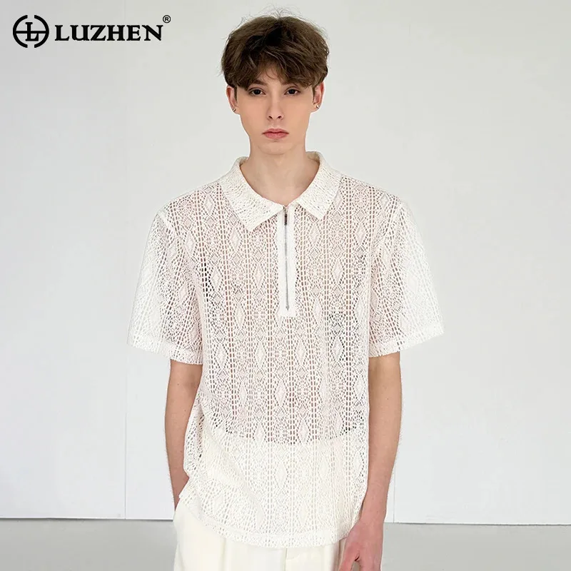 

LUZHEN Mesh Hollow Out Design Polo Neck Short Sleeve Shirts Men's 2025 Summer Solid Color High Quality Breathable Clothes JY3201