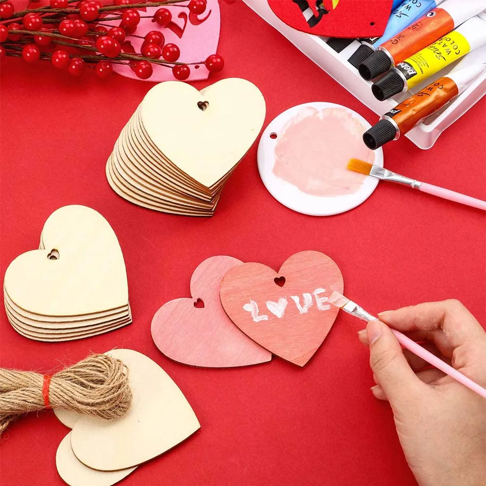 10/20PC Natural Wood Heart Slices Unfinished Predrilled Wooden Blank Heart Slices with Natural Twine for Christmas Wedding Decor