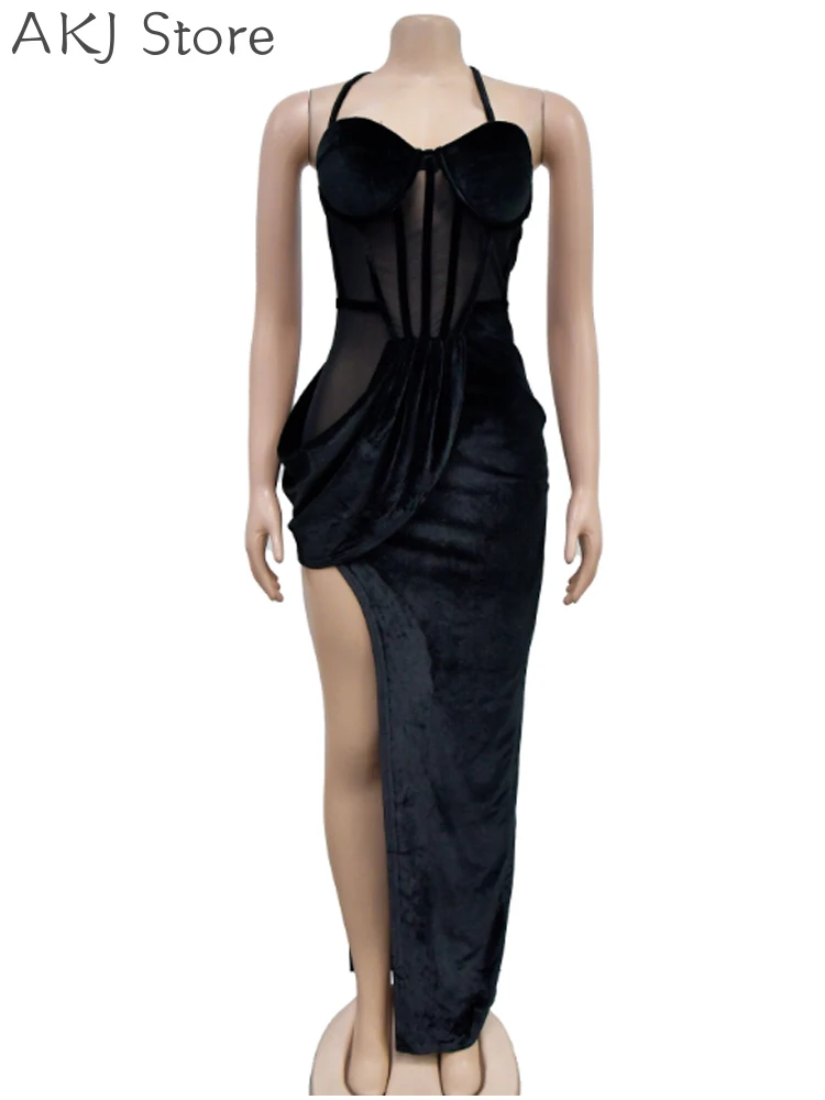 Sexy One Shoulder Velvet Party Dress Sheer Mesh Patchwork Sleeveless Backless Irregular Long Dress